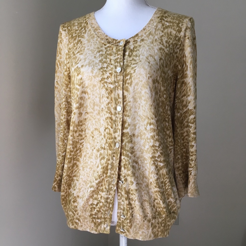 Talbots Grass Print Crewneck Cardigan LP
